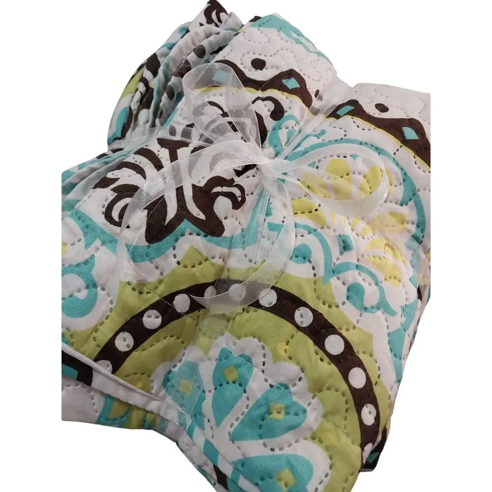 SPIRIT LINEN! WHITE W/YELLOW, AQUA & BROWN MANDALA QUILT & 2 SHAMS! SZ QN